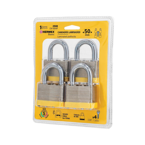 Juego de 4 candados cuerpo laminado, 50 mm, HERMEX BASIC | CM-50X4P | 20508