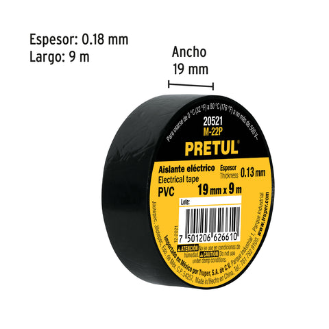 Cinta de aislar de 9 m x 19 mm, negra, Pretul | M-22P | 20521