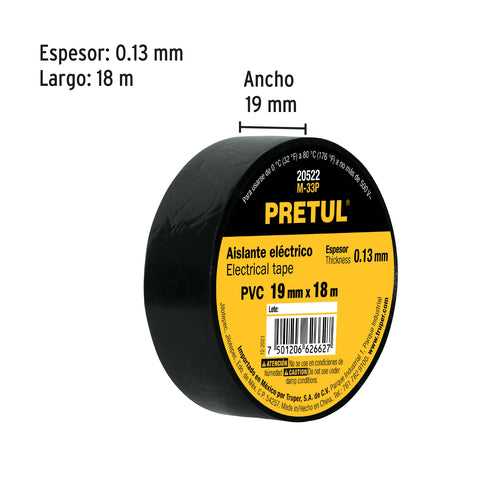 Cinta de aislar de 18 m x 19 mm, negra, Pretul | M-33P | 20522