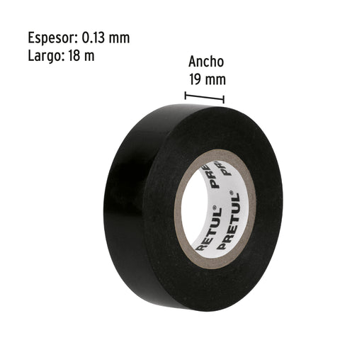 Cinta de aislar de 18 m x 19 mm, negra en blíster, Pretul | M-33P-B | 20523