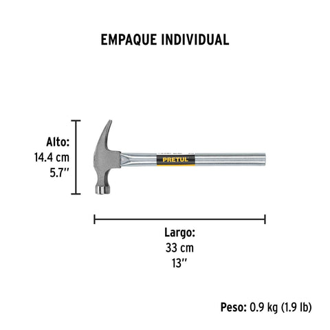 Martillo uña recta 16 oz, mango tubular, Pretul | MTR-16P | 20596