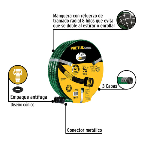 Manguera 1/2' reforzada 3 capas conexiones metal 15m, Pretul | MAN-15X1/2PM | 20656