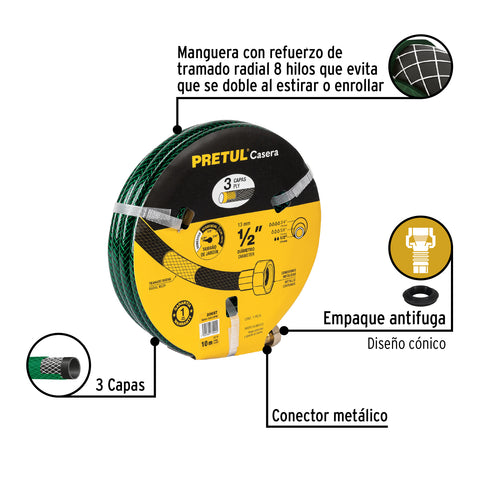 Manguera 1/2' reforzada 3 capas conexiones metal 10m, Pretul | MAN-10X1/2PM | 20657
