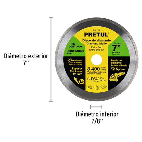 Disco de diamante de 7' x 2.1 mm, rin continuo, PRETUL | DID-170P | 21000