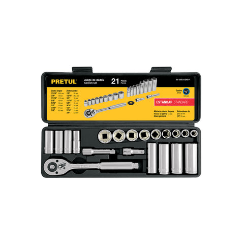 Juego de 21 herramientas 3/8' std para mecánico, Pretul | JD-3/8X21SAE-P | 21187
