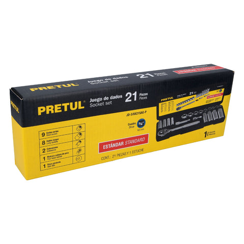 Juego de 21 herramientas 3/8' std para mecánico, Pretul | JD-3/8X21SAE-P | 21187