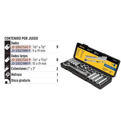 Juego de 21 herramientas 3/8' mm para mecánico, Pretul | JD-3/8X21MM-P | 21191