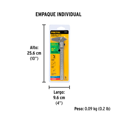 Calibrador vernier escolar 5', acero, std y mm, PRETUL | VER-6P | 21454