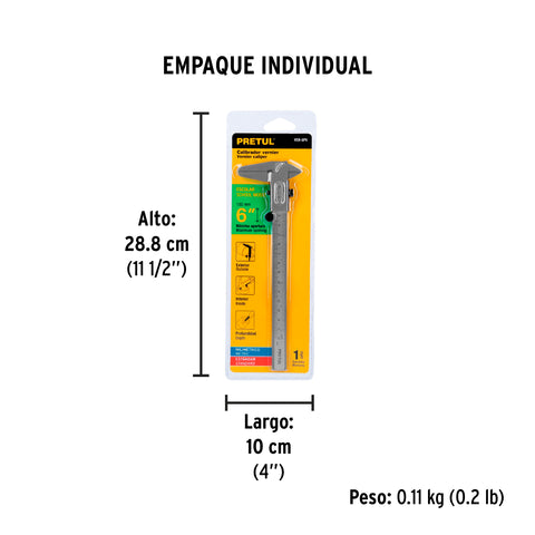 Calibrador vernier escolar 6', acero, std y mm, PRETUL | VER-6PX | 21455