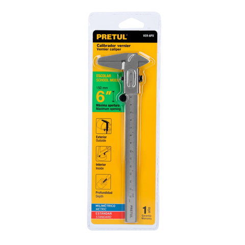Calibrador vernier escolar 6', acero, std y mm, PRETUL | VER-6PX | 21455