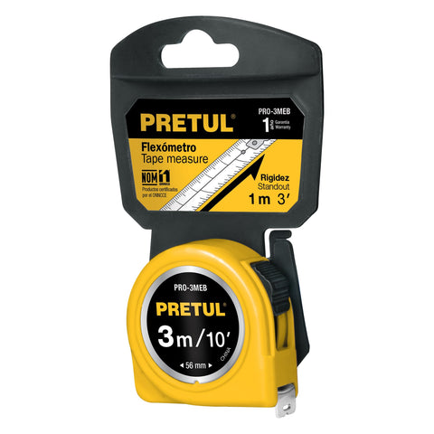 Flexómetro amarillo 3 m cinta 13 mm, en tarjeta, PRETUL | PRO-3MEB | 21605