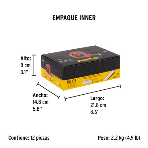 Flexómetro 5 m cinta 19 mm, display box con 12 pzas, PRETUL | PRO-5MEC | 21608