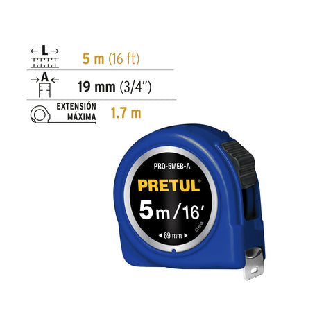 Flexómetro azul 5 m cinta 19 mm, en tarjeta, PRETUL | PRO-5MEB-A | 21610