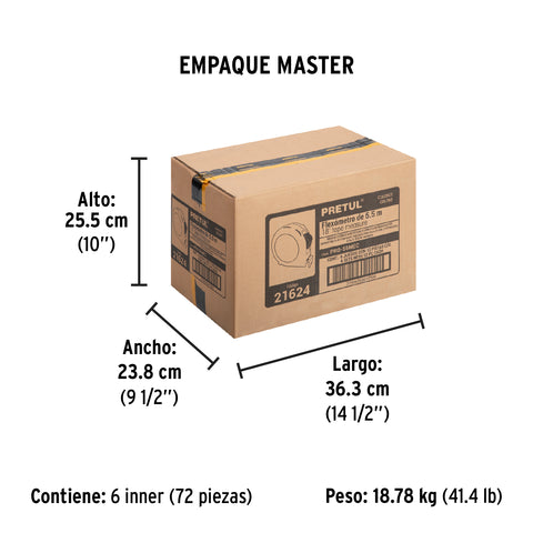 Flexómetro 5.5 m cinta 25 mm, display box con 12 pzas,PRETUL | PRO-55MEC | 21624