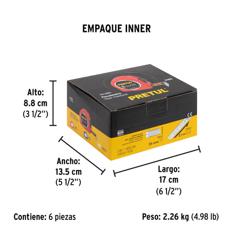 Flexómetro 8 m cinta 25 mm, display box con 6 pzas, PRETUL | PRO-8MEC | 21625