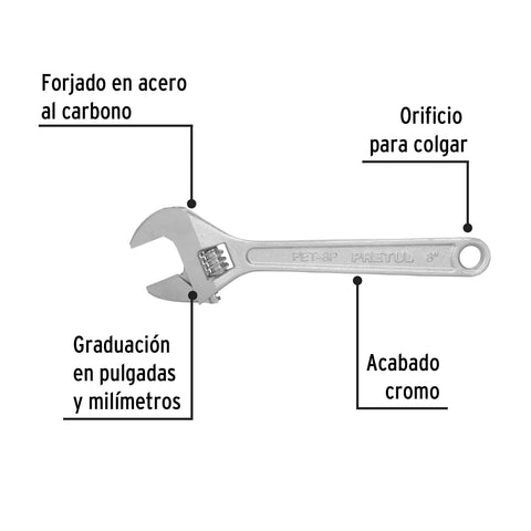 Llave ajustable (perico) 8' cromada, Pretul | PET-8P | 21815