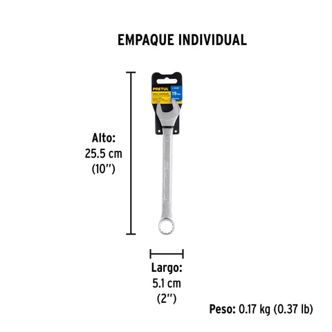 Llave combinada 19 mm x 230 mm de largo, Pretul | LL-2019MP | 21913