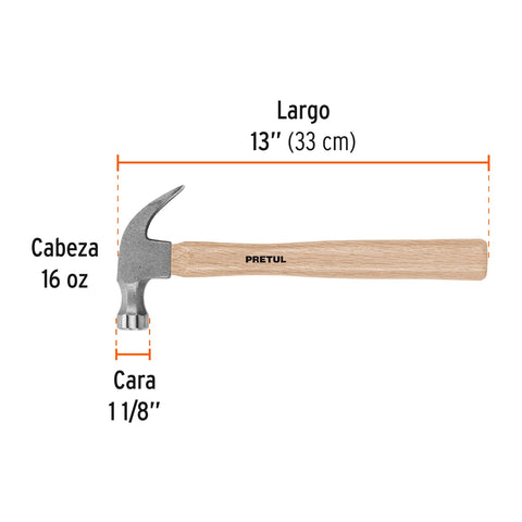 Martillo semipulido, 16 oz, uña curva, PRETUL | MP-16 | 22290