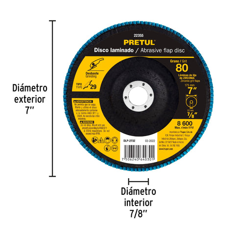 Disco laminado 7', grano 80 centro 7/8', fibra, PRETUL | DLP-2732 | 22355