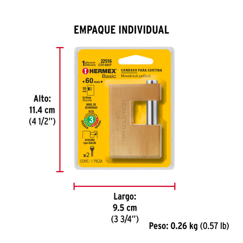 Candado antipalanca 60 mm cuerpo de hierro, HERMEX BASIC | COR-60HP | 22516
