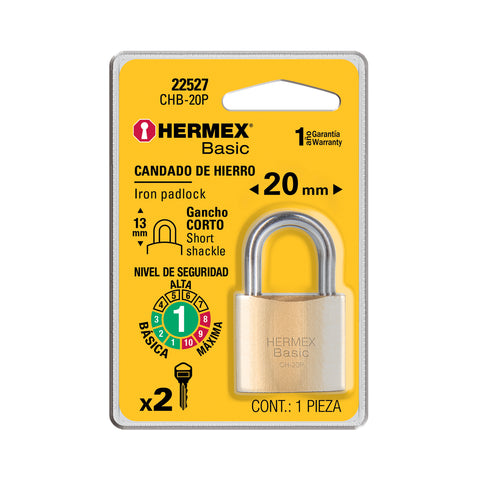 Candado de hierro color latón 20 mm, corto, blíster, BASIC | CHB-20P | 22527