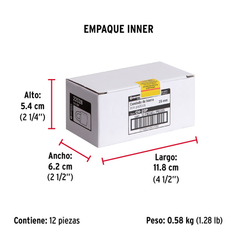 Candado de hierro color latón 25 mm, corto, caja, BASIC | CH-25P | 22528