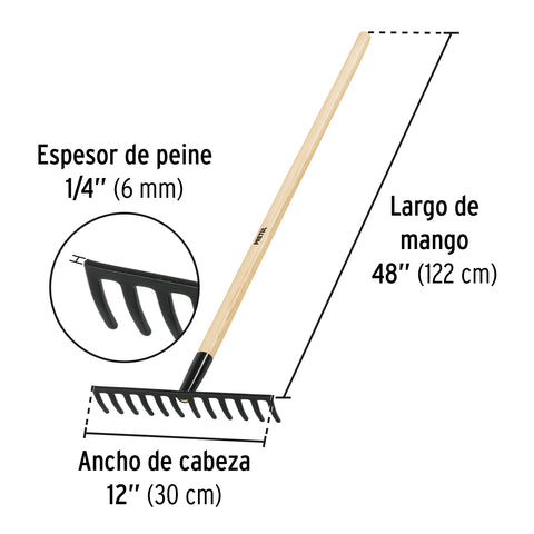 Rastrillo recto de 12 dientes, mango de 48', Pretul | R-12MP | 22697