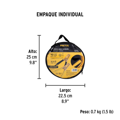 Cables pasa corriente 2.5m, 125 A, 10 AWG, con funda, Pretul | CAP-2510P | 22808