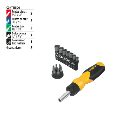 Desarmador tipo matraca con 6 puntas y 7 dados, Pretul | DES-14P | 22974