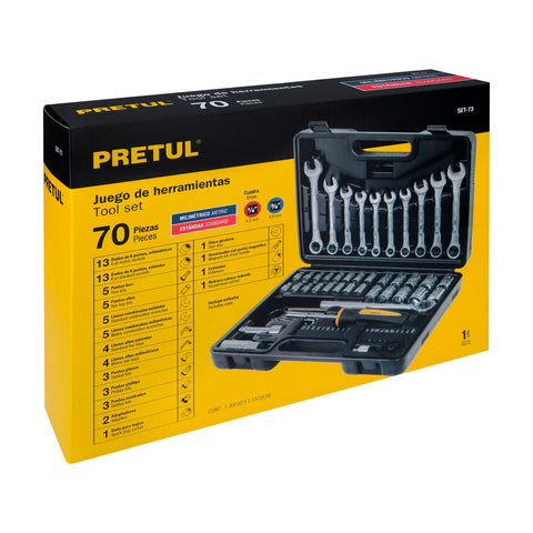 Juego de 70 herramientas 1/4' y 3/8' para mecánico, Pretul | SET-73 | 22981