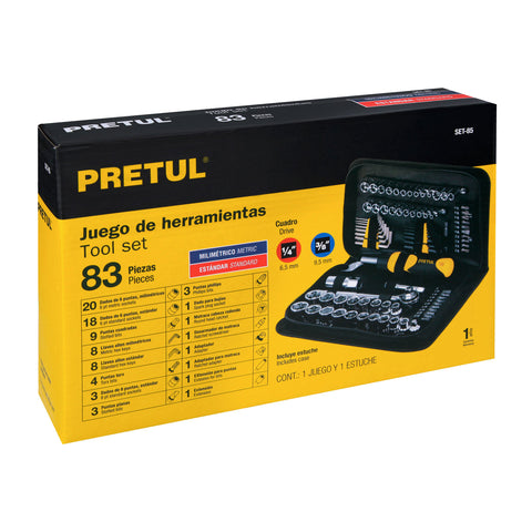 Juego de 83 herramientas 1/4' y 3/8' para mecánico, Pretul | SET-85 | 22984