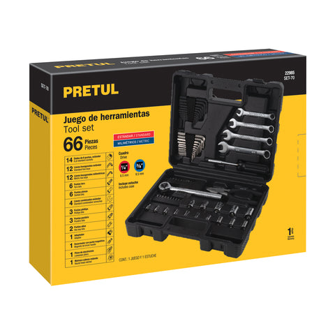 Juego de 66 herramientas 1/4' y 3/8' para mecánico, Pretul | SET-70 | 22985