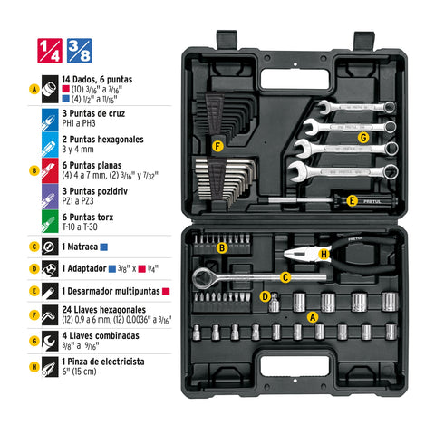 Juego de 66 herramientas 1/4' y 3/8' para mecánico, Pretul | SET-70 | 22985