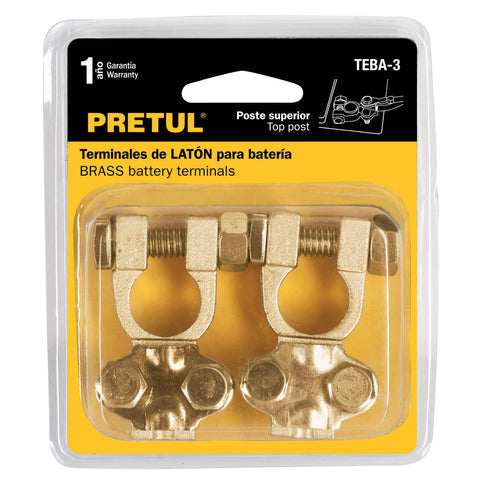Blíster 2 terminales p/batería, latón poste superior, Pretul | TEBA-3 | 23042
