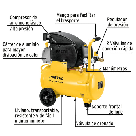 Compresor lubricado, 20L, 2-1/2HP, horizontal, 127V, PRETUL | COMP-20LP | 23065