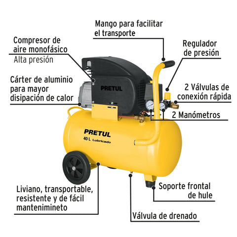 Compresor lubricado, 40L, 3HP, horizontal, 127V, PRETUL | COMP-40LP | 23066