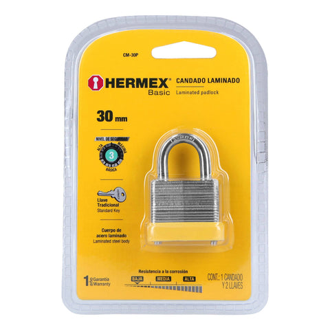 Candado laminado, 30mm, gancho corto, blister, HERMEX BASIC | CM-30P | 23502