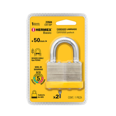 Candado laminado, 50mm, gancho corto, blister, HERMEX BASIC | CM-50P | 23504