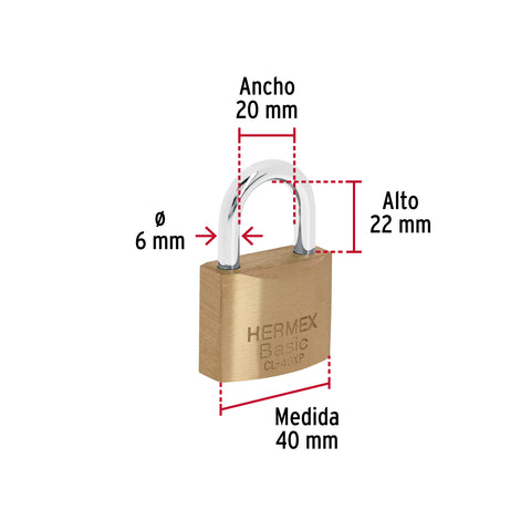 Candado de latón 40 mm llave tetra en blíster, HERMEX BASIC | CL-40XP | 23510