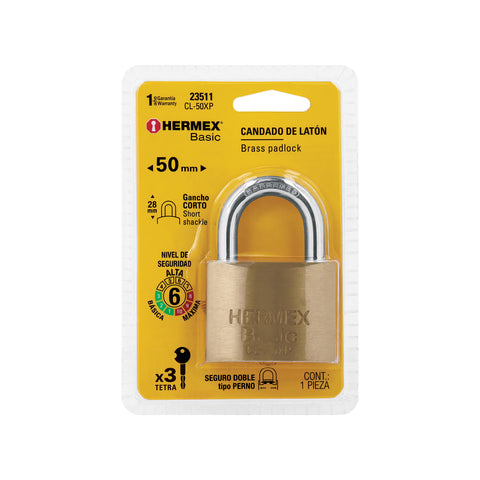 Candado de latón 50 mm llave tetra en blíster, HERMEX BASIC | CL-50XP | 23511