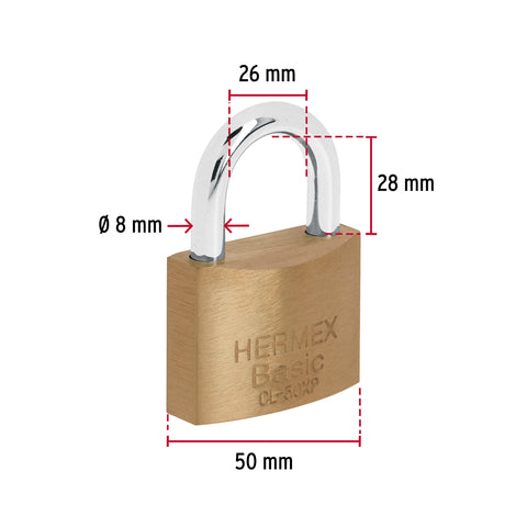 Candado de latón 50 mm llave tetra en blíster, HERMEX BASIC | CL-50XP | 23511