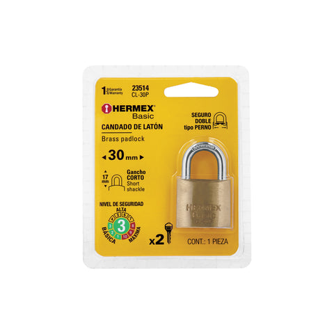 Candado de latón 30 mm gancho corto en blíster, HERMEX BASIC | CL-30P | 23514
