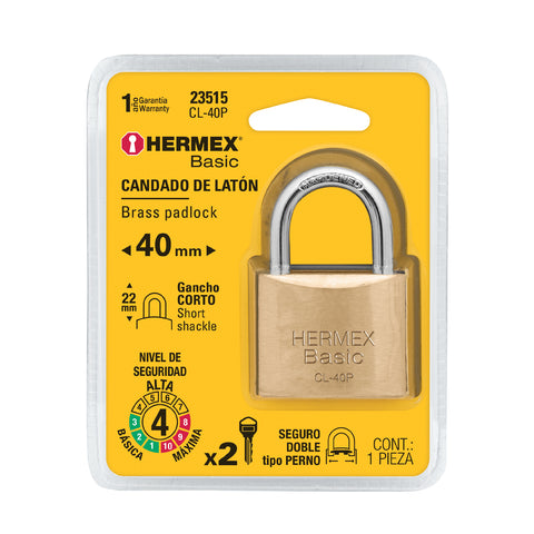 Candado de latón 40 mm gancho corto en blíster, HERMEX BASIC | CL-40P | 23515