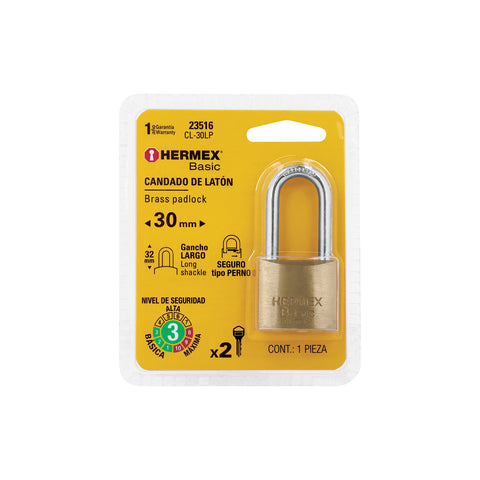 Candado de latón 30 mm gancho largo en blíster, HERMEX BASIC | CL-30LP | 23516