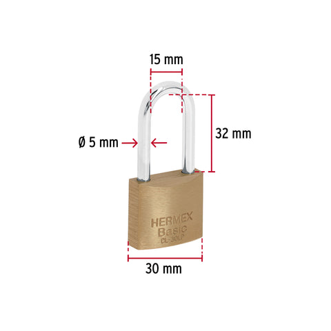 Candado de latón 30 mm gancho largo en blíster, HERMEX BASIC | CL-30LP | 23516
