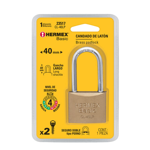 Candado de latón 40 mm gancho largo en blíster, HERMEX BASIC | CL-40LP | 23517