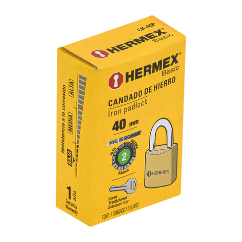 Candado de hierro color latón 40 mm, corto, caja, BASIC | CH-40P | 23518