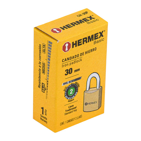 Candado de hierro color latón 30 mm, corto, caja, BASIC | CH-30P | 23522