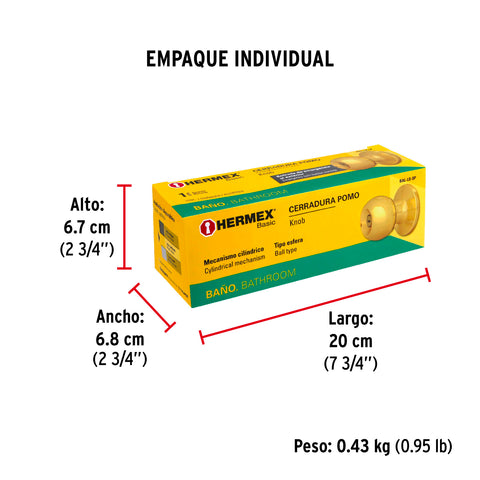 Cerradura tipo esfera, cilíndrico, baño, brillante, BASIC | BAL-LB-BP | 23566