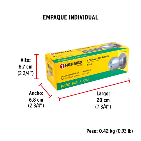 Cerradura tipo esfera, cilíndrico, baño, cromo, HERMEX BASIC | BAL-CM-BP | 23568